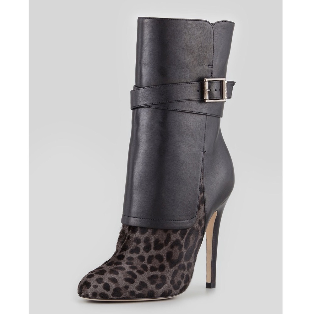 Jimmy Choo Black Leather & Leopard Print Ankle Boots